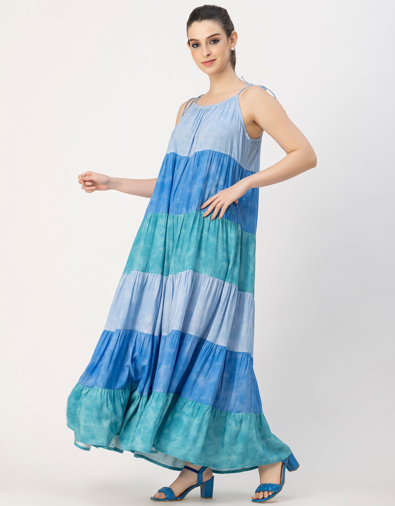 Shoulder Straps Tiered Printed Rayon Dress