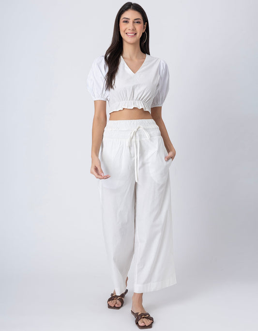 2 Pcs Cotton Co-ord Set, Crop Top With Flared Palazzo Pants For Women