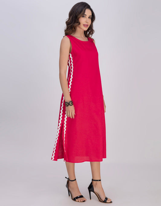 Moomaya Women's Printed Sleeveless A-Line Maxi Dress With Lace