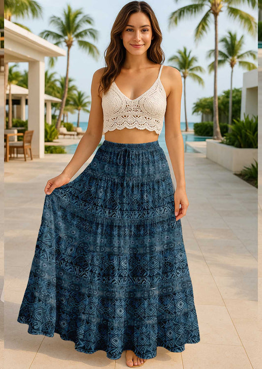 Women's Cotton Tiered Maxi Summer Skirt | 40-Inch Vacation Wear