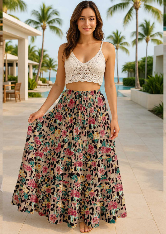 Women's Cotton Skirt with Pockets | Flowy Vacation Outfit | Tiered Maxi Summer Skirt