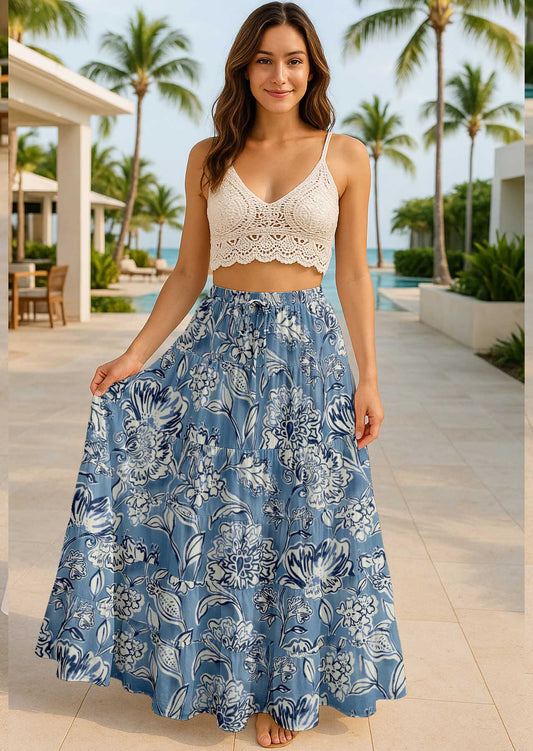 Women's Cotton Skirt with Pockets | Flowy Vacation Outfit | Tiered Maxi Summer Skirt