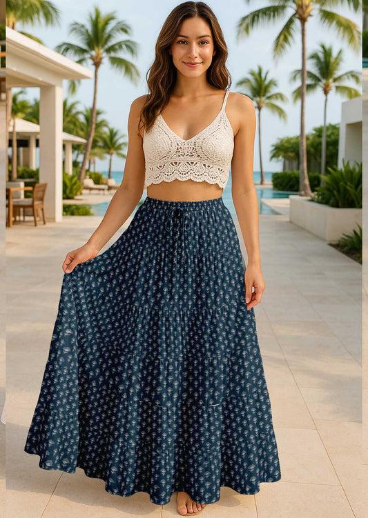Women's Cotton Skirt with Pockets | Flowy Vacation Outfit | Tiered Maxi Summer Skirt