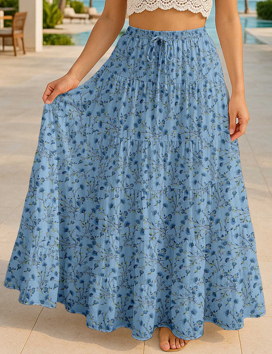 Women's Cotton Skirt with Pockets | Flowy Vacation Outfit | Tiered Maxi Summer Skirt