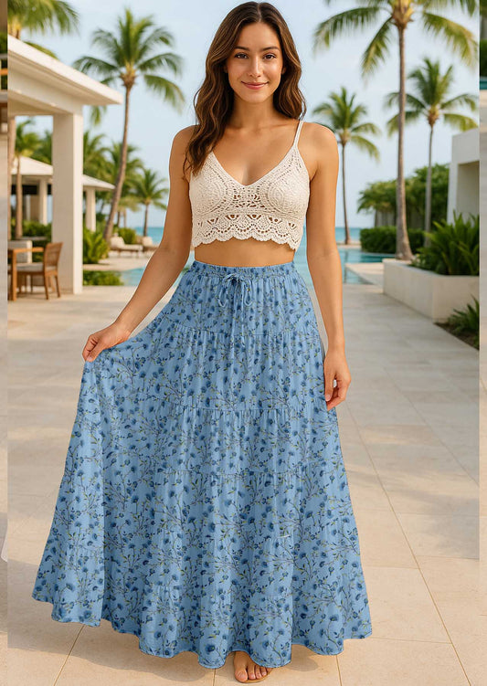 Women's Cotton Skirt with Pockets | Flowy Vacation Outfit | Tiered Maxi Summer Skirt