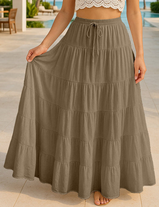 Women's Solid Cotton Maxi Skirt with Pockets Summer Outfit