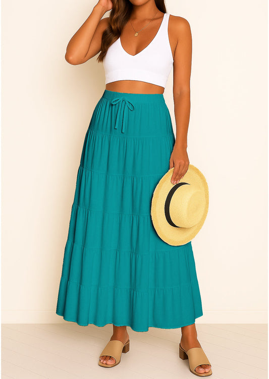Women's Solid Cotton Maxi Skirt with Pockets Elastic Waist Resort Wear