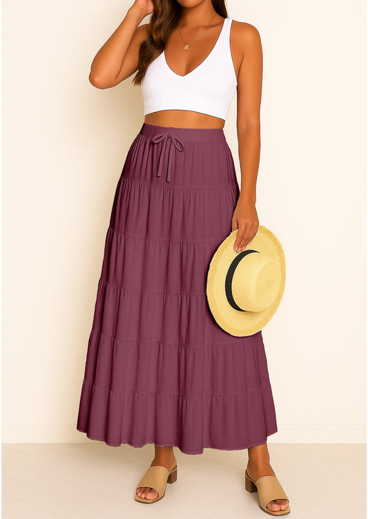 Women's Solid Cotton Maxi Skirt with Pockets Elastic Waist Resort Wear