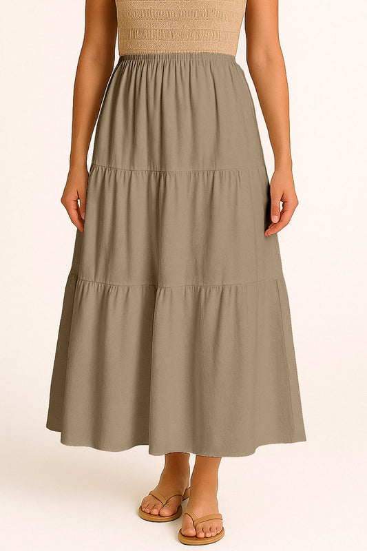 Moomaya Women's Elastic Waist Skirt | Solid Bohemian Style Rayon Maxi with Side Pockets | Tiered Flowy Skirt with Pockets