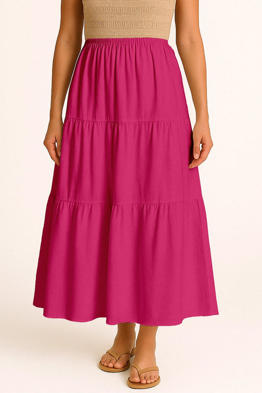 Moomaya Women's Elastic Waist Skirt | Solid Bohemian Style Rayon Maxi with Side Pockets | Tiered Flowy Skirt with Pockets