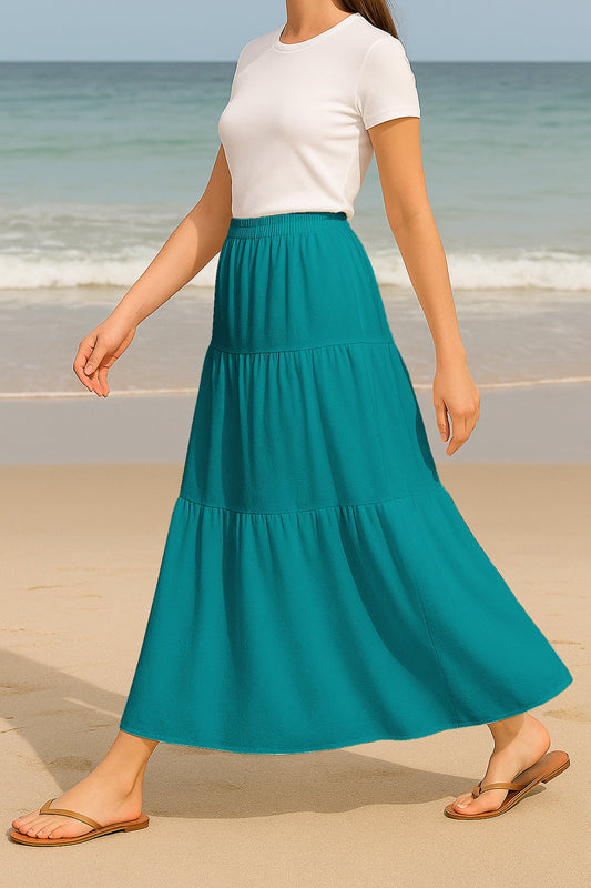 Moomaya Women's Elastic Waist Skirt | Solid Bohemian Style Rayon Maxi with Side Pockets | Tiered Flowy Skirt with Pockets