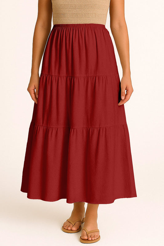 Moomaya Women's Elastic Waist Skirt | Solid Bohemian Style Rayon Maxi with Side Pockets | Tiered Flowy Skirt with Pockets