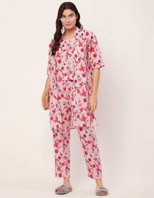 3 pc night dress set in pink
