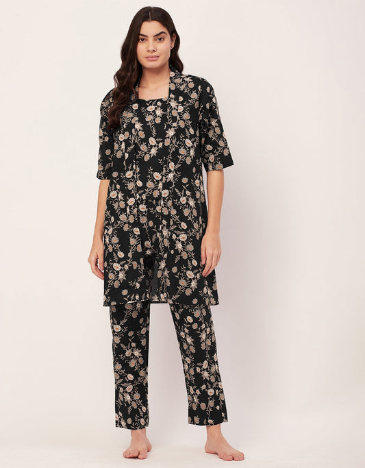 Black Floral 3 pc Night Suit