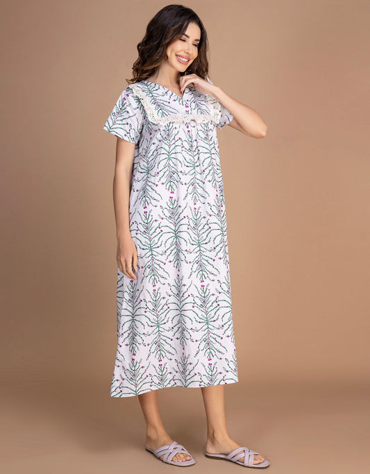 Moomaya Women's V-Neck Frill Lace Mid-Calf Cotton Nightdress