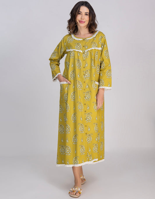 Moomaya Women's Cotton Printed A-Line Sleepwear Maxi Nightdress