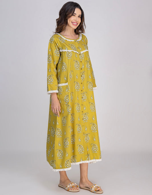 Moomaya Women's Cotton Printed A-Line Sleepwear Maxi Nightdress