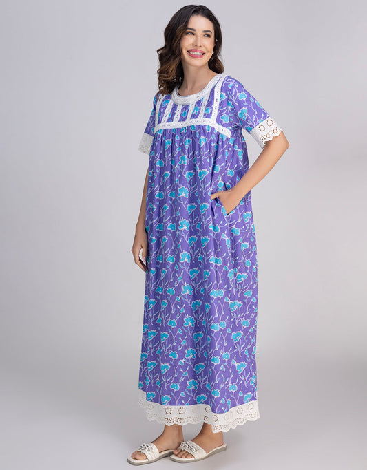 Moomaya Women's Printed Cotton Maxi Nightdress, Soft & Breathable Sleepwear