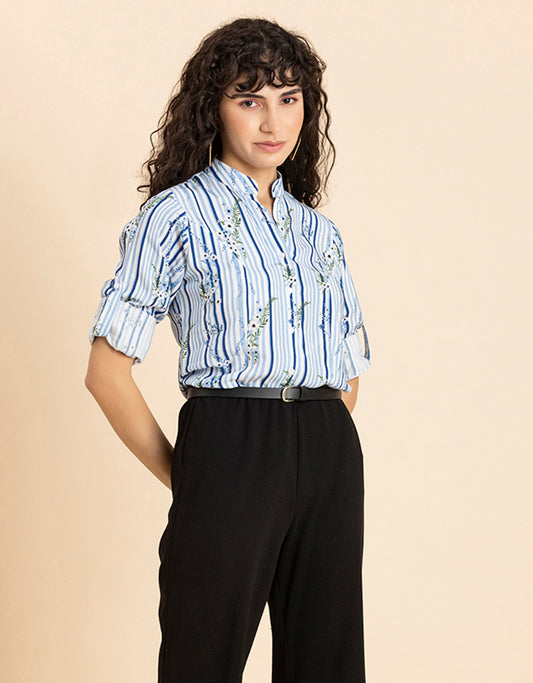Printed Cotton Shirt, Mandarin Collar