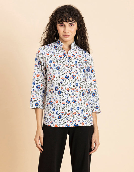 Printed Cotton Shirt, Mandarin Collar