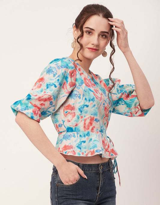 Printed V-Neck Wrap Top