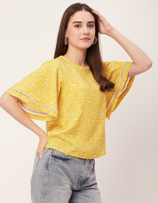 Printed Lace Flutter Top