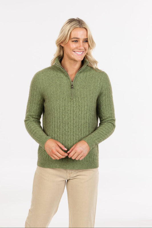 Women's possum-merino cable-knit half-zip sweater - Klothing NZ