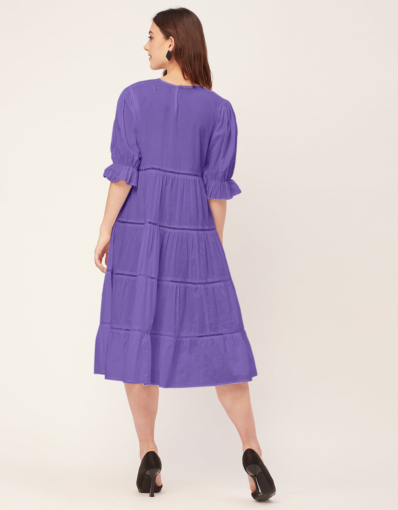 Short Sleeves Round Neck Tiered Cotton Dress