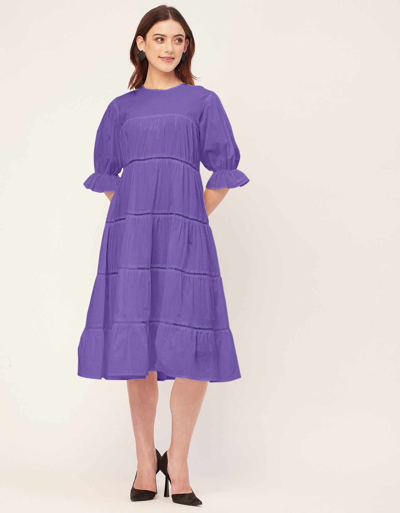 Short Sleeves Round Neck Tiered Cotton Dress
