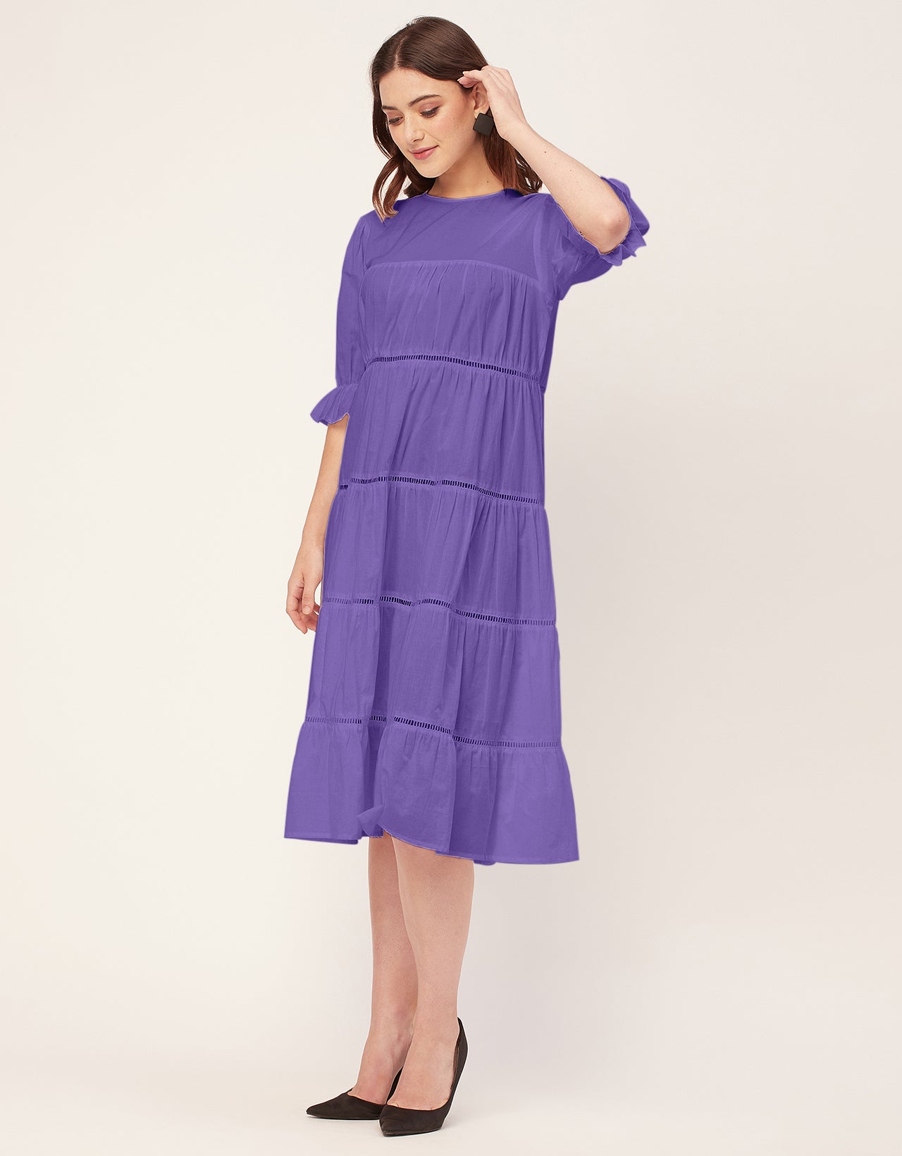 Short Sleeves Round Neck Tiered Cotton Dress