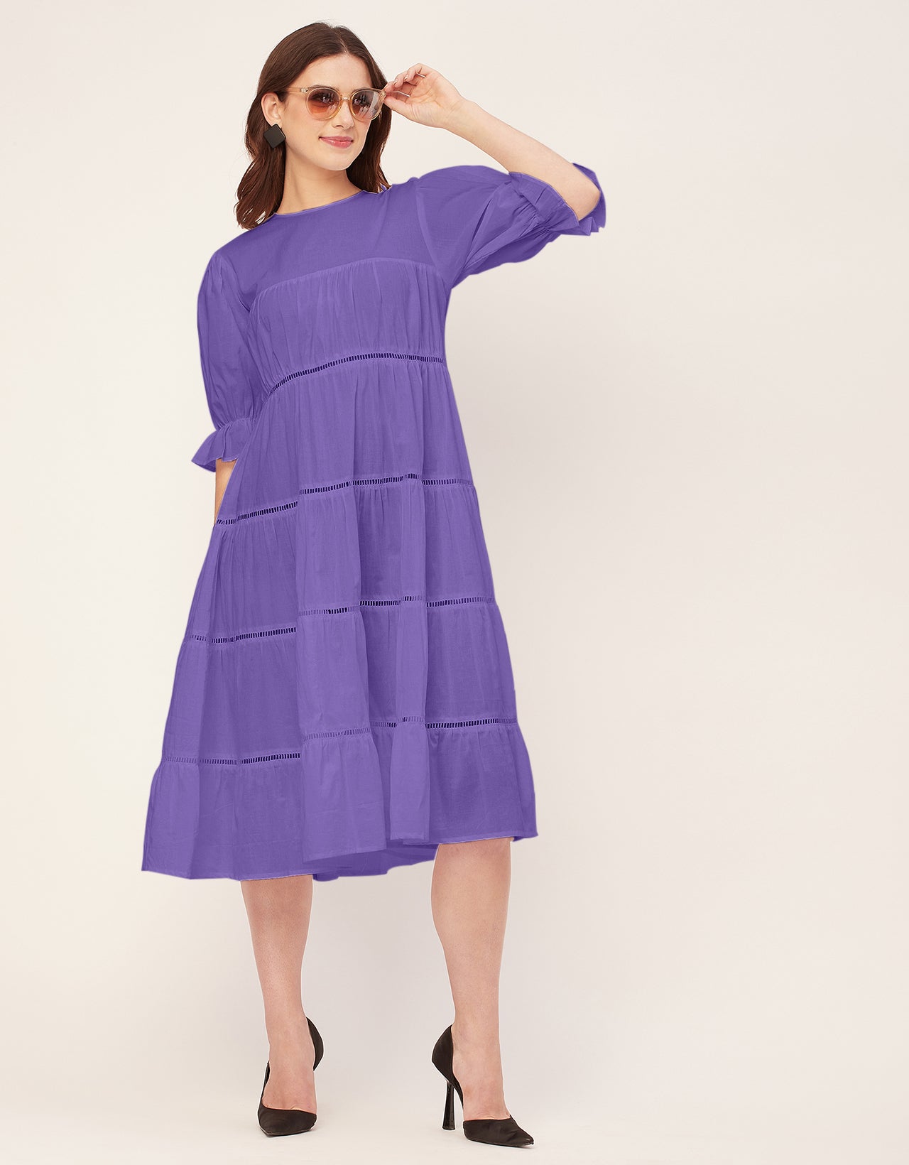 Short Sleeves Round Neck Tiered Cotton Dress