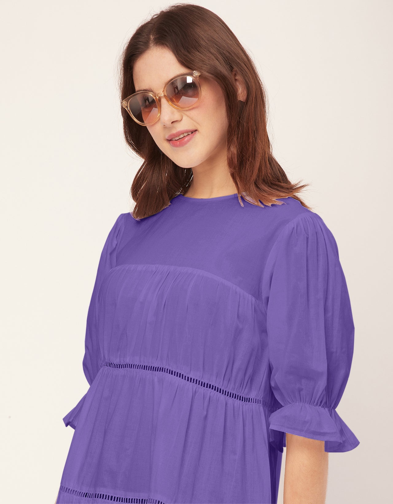 Short Sleeves Round Neck Tiered Cotton Dress