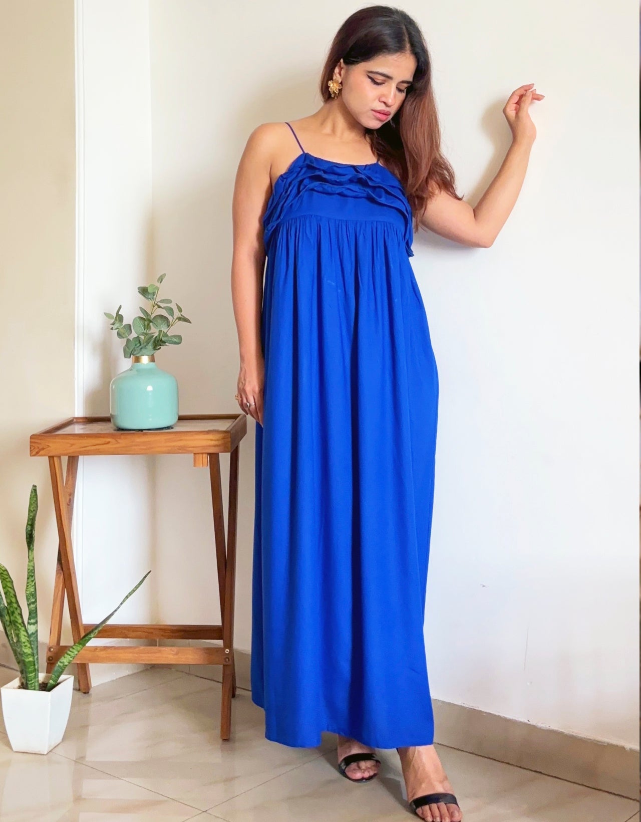 Women Solid Maxi Chic Frill Summer Dress