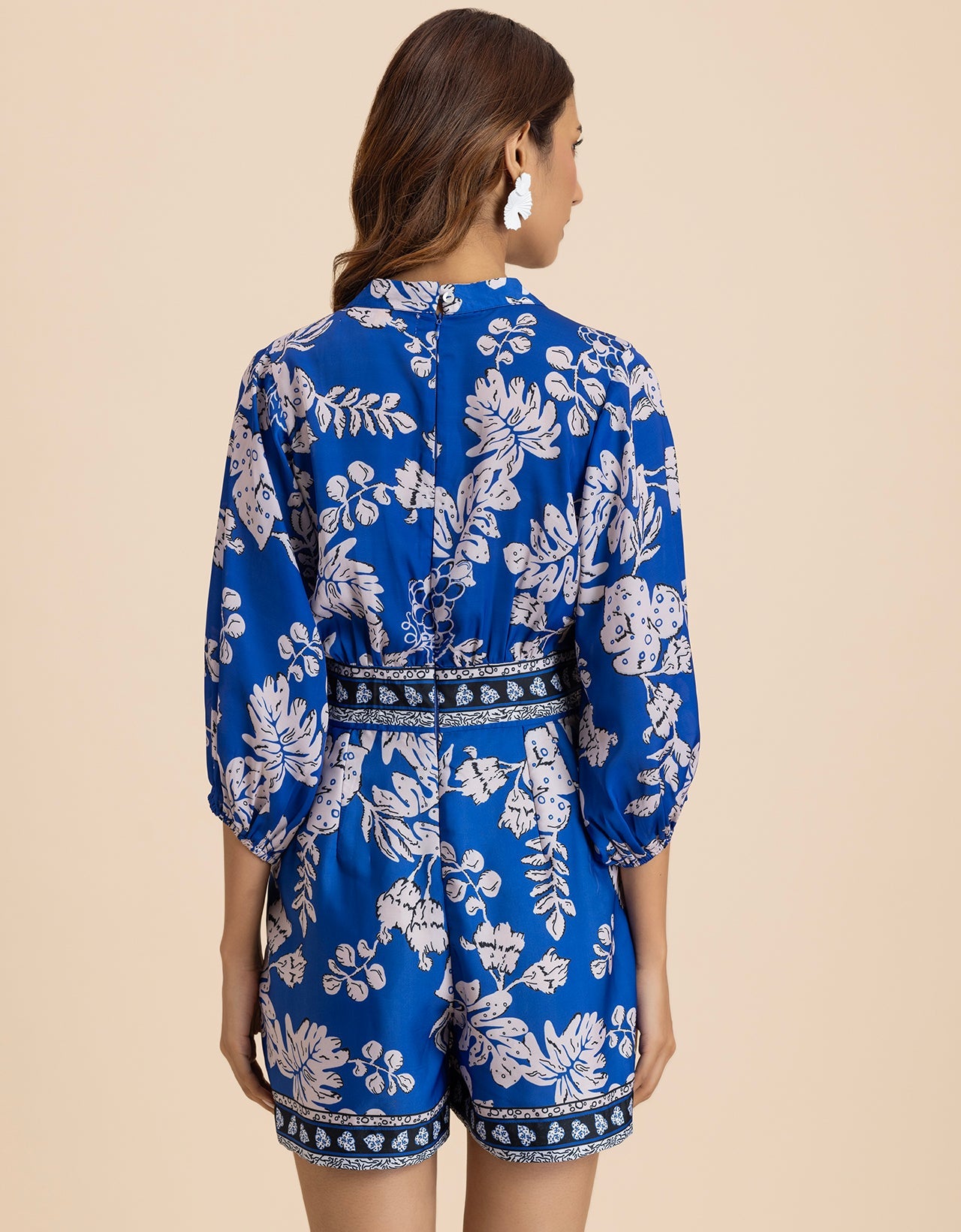 Tropical Print Band Collar Trendy Women's Jumpsuit
