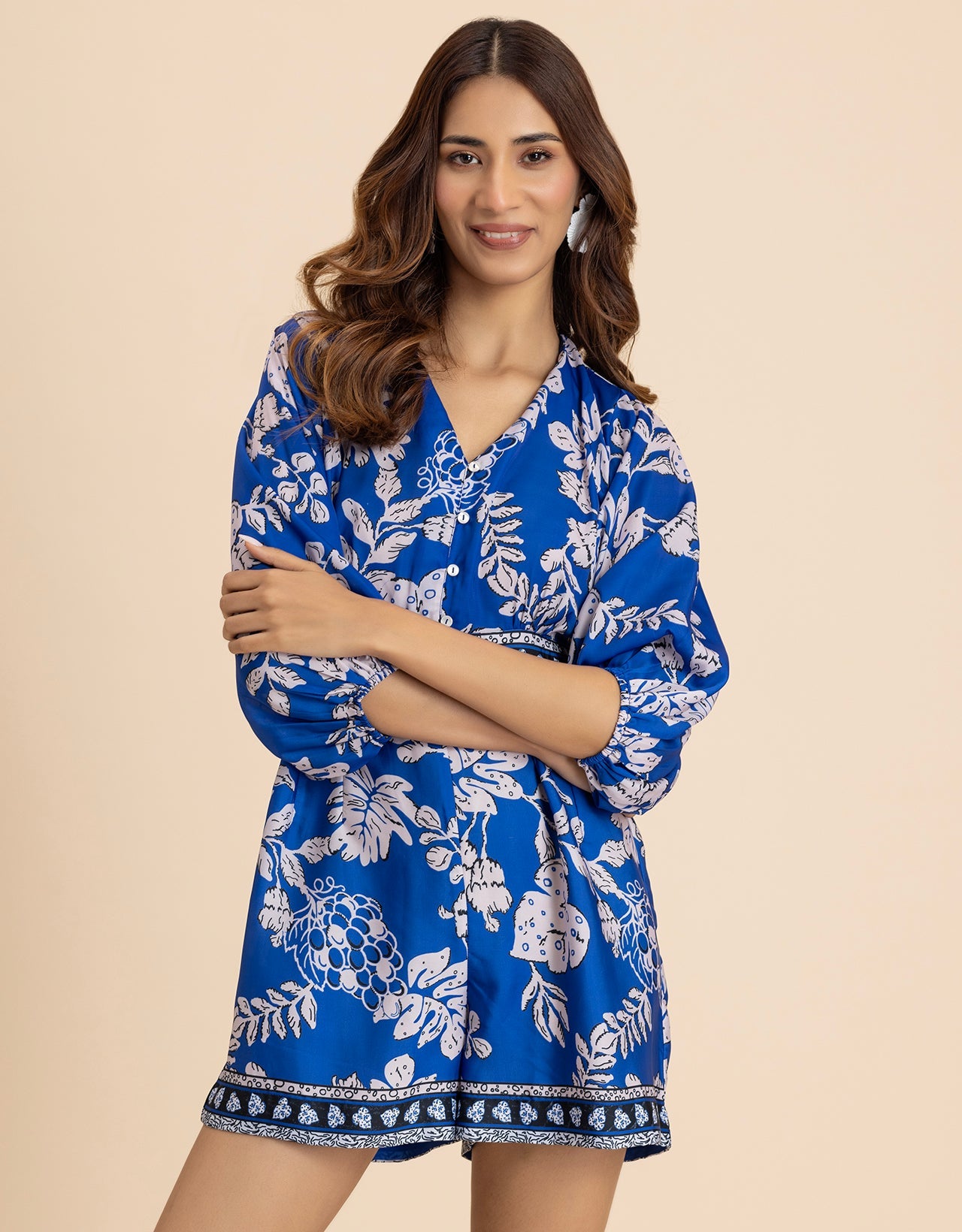 Tropical Print Band Collar Trendy Women's Jumpsuit
