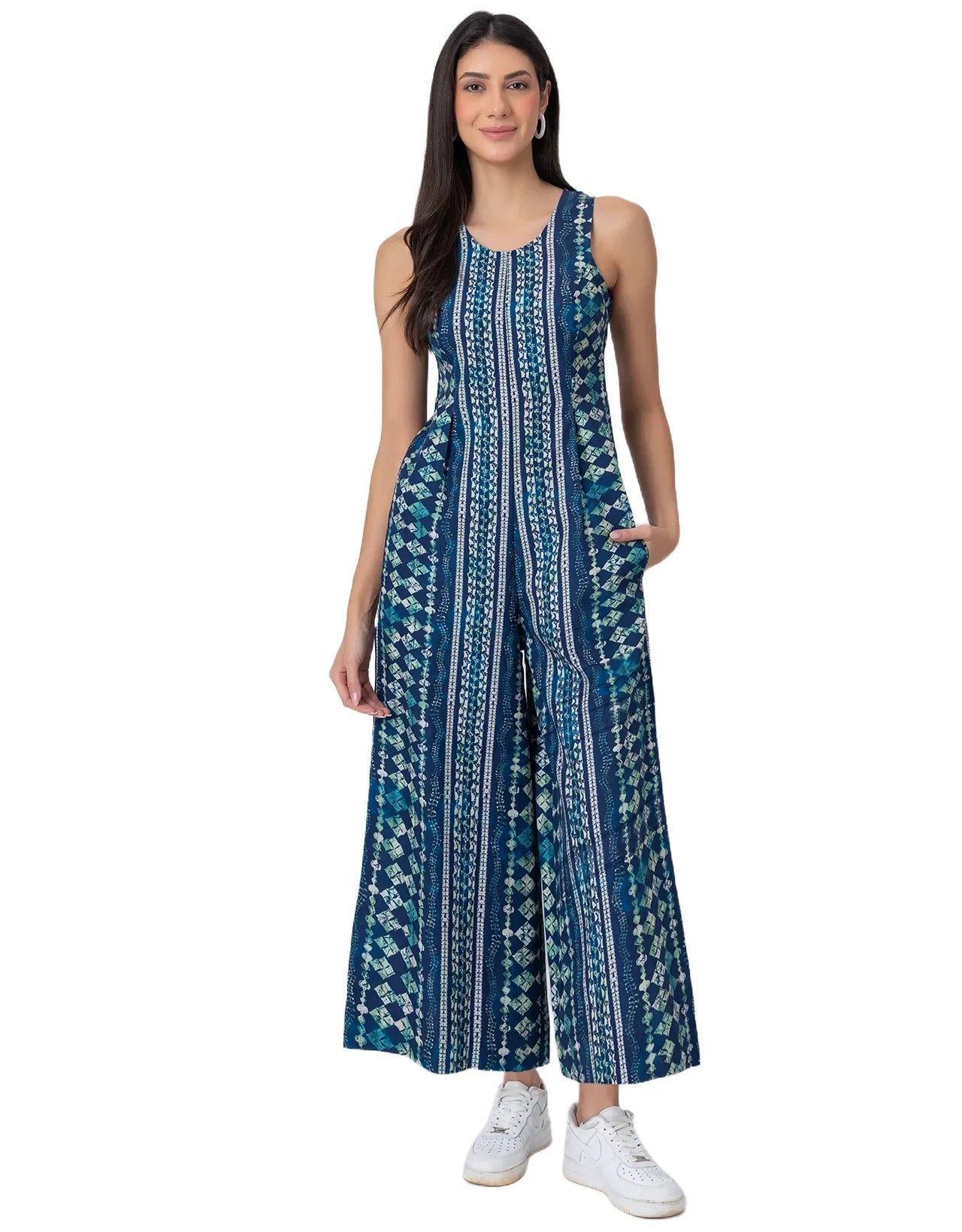 Sleeveless Printed Wide Leg Jumpsuit With Pockets For Women