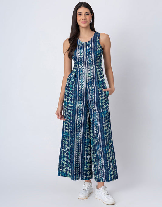 Sleeveless Printed Wide Leg Jumpsuit With Pockets For Women