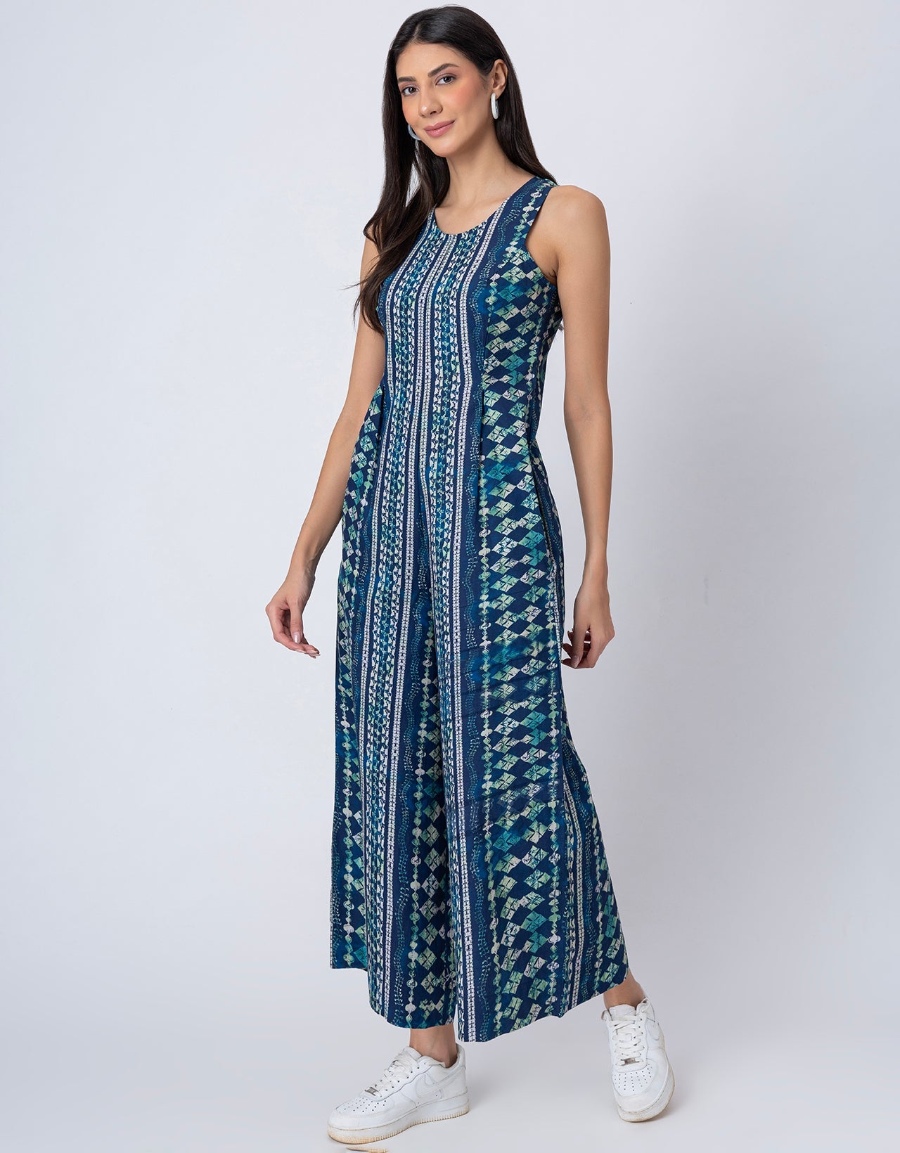 Sleeveless Printed Wide Leg Jumpsuit With Pockets For Women
