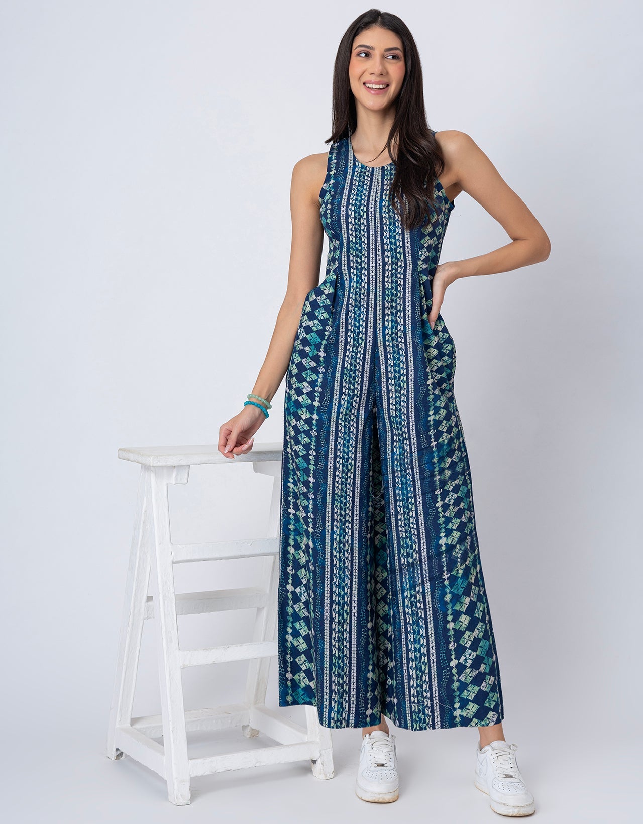 Sleeveless Printed Wide Leg Jumpsuit With Pockets For Women