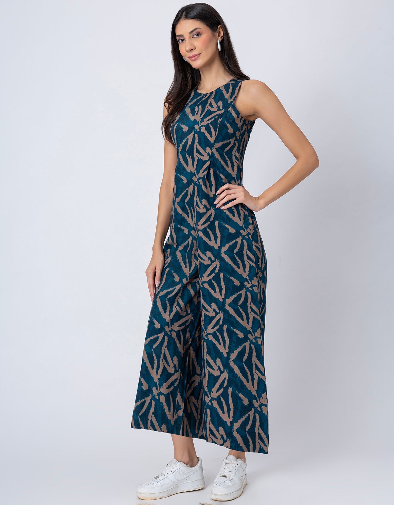 Sleeveless Printed Wide Leg Jumpsuit With Pockets For Women