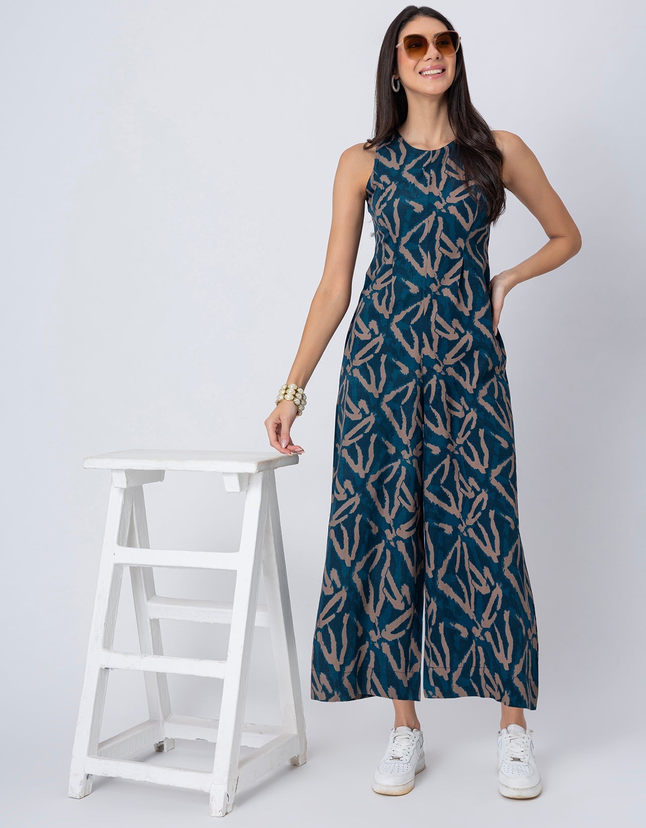 Sleeveless Printed Wide Leg Jumpsuit With Pockets For Women