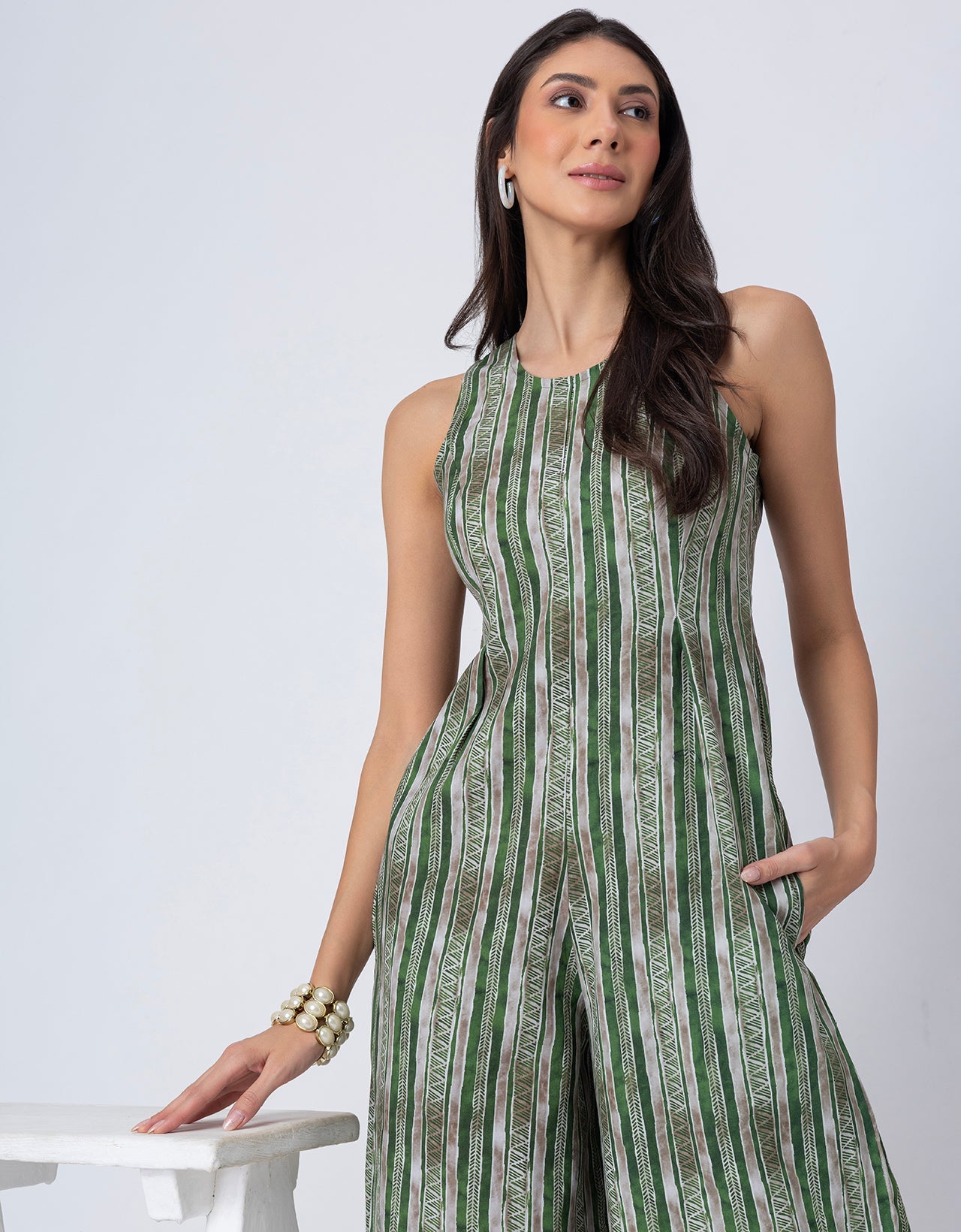 Sleeveless Printed Wide Leg Jumpsuit With Pockets For Women