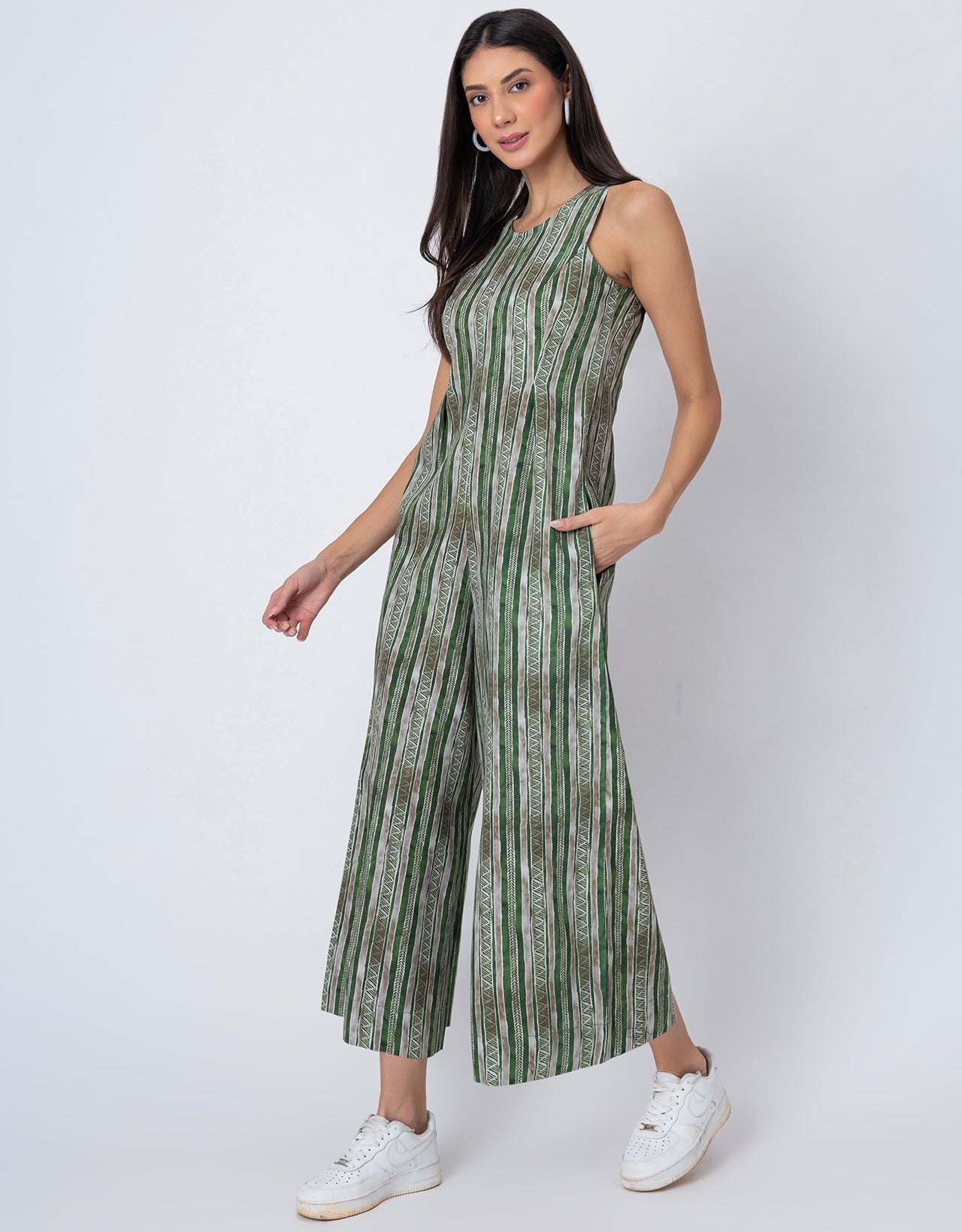 Sleeveless Printed Wide Leg Jumpsuit With Pockets For Women
