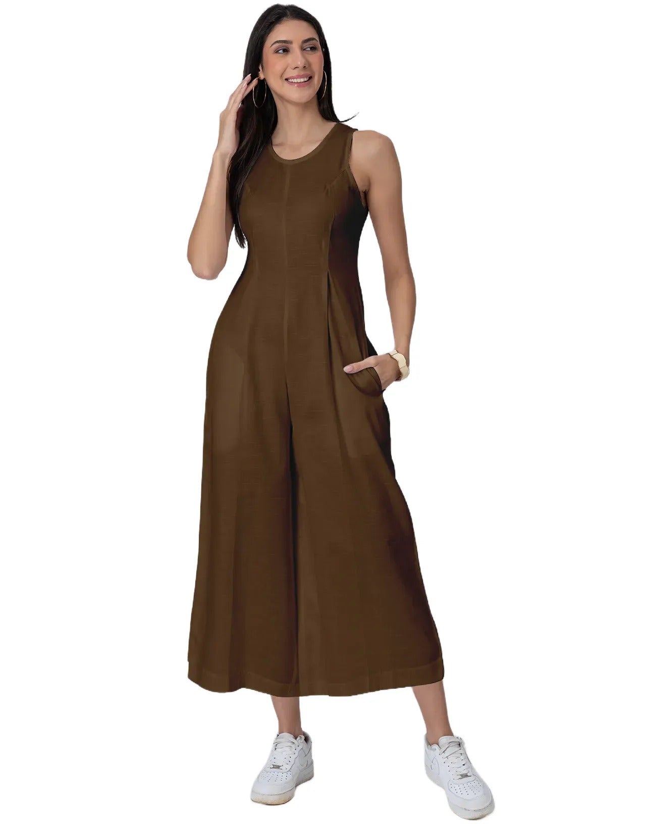 Sleeveless Printed Wide Leg Jumpsuit With Pockets For Women