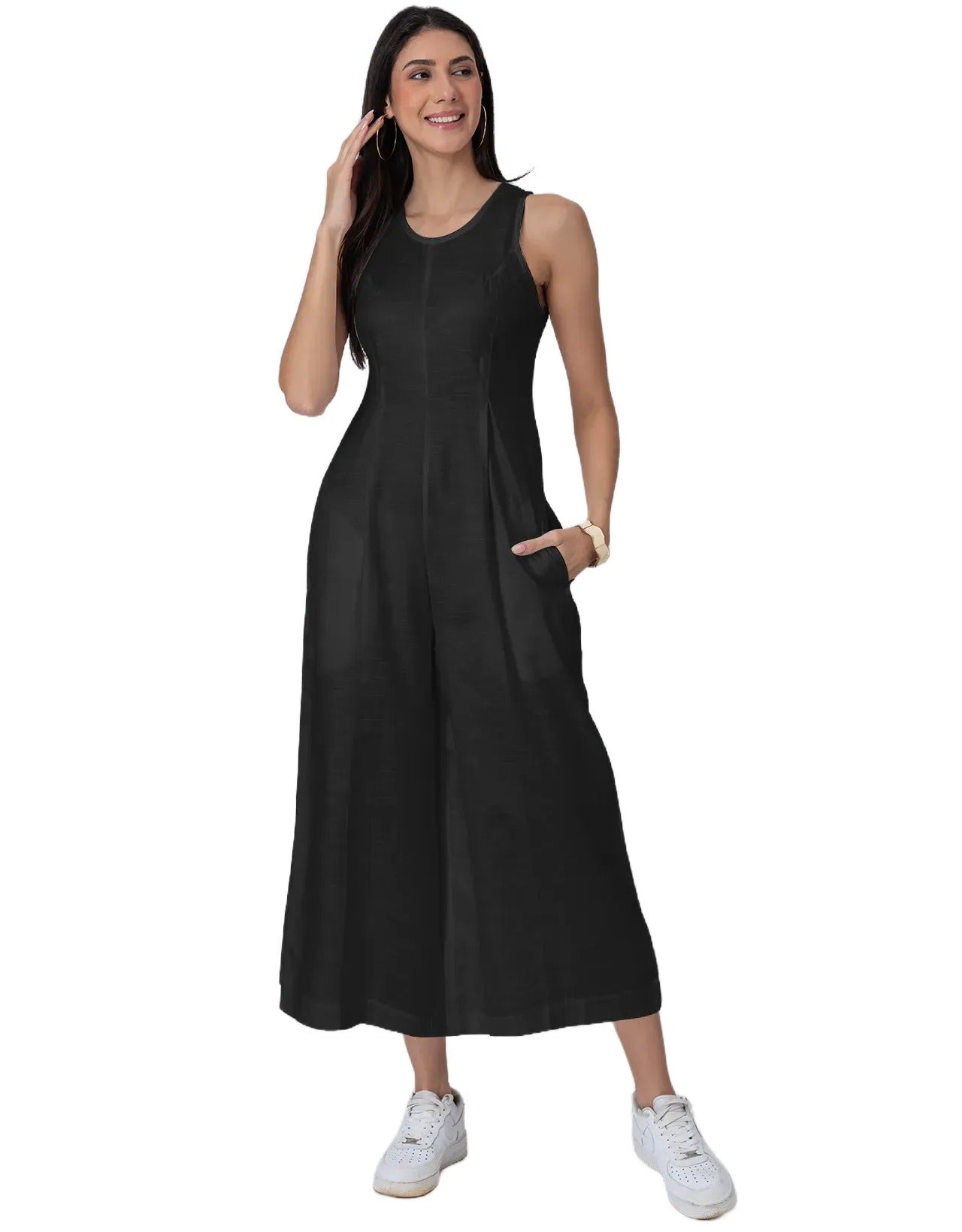 Sleeveless Printed Wide Leg Jumpsuit With Pockets For Women