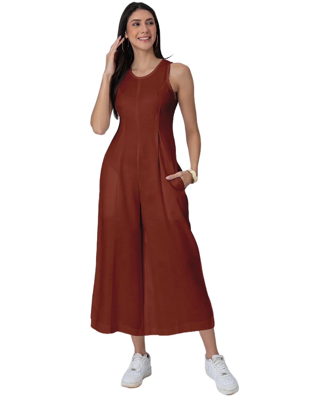Sleeveless Printed Wide Leg Jumpsuit With Pockets For Women