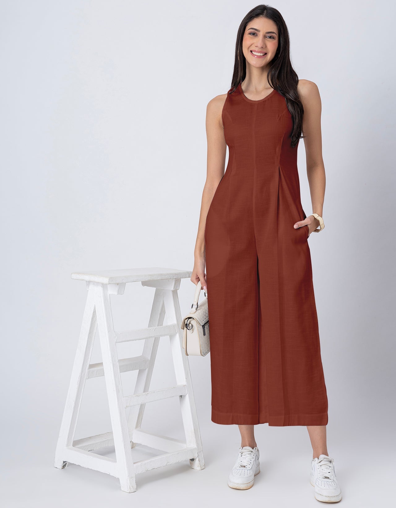Sleeveless Printed Wide Leg Jumpsuit With Pockets For Women