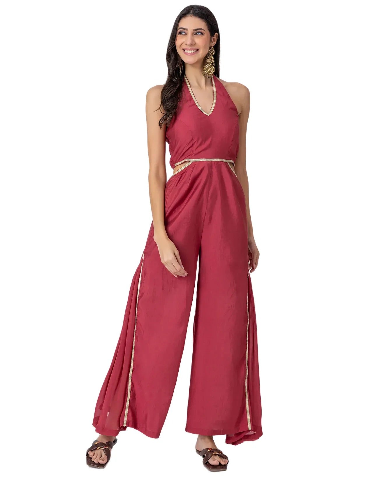 Solid Wide-Leg Jumpsuit Indo-Western Fusion Party Wear for Women