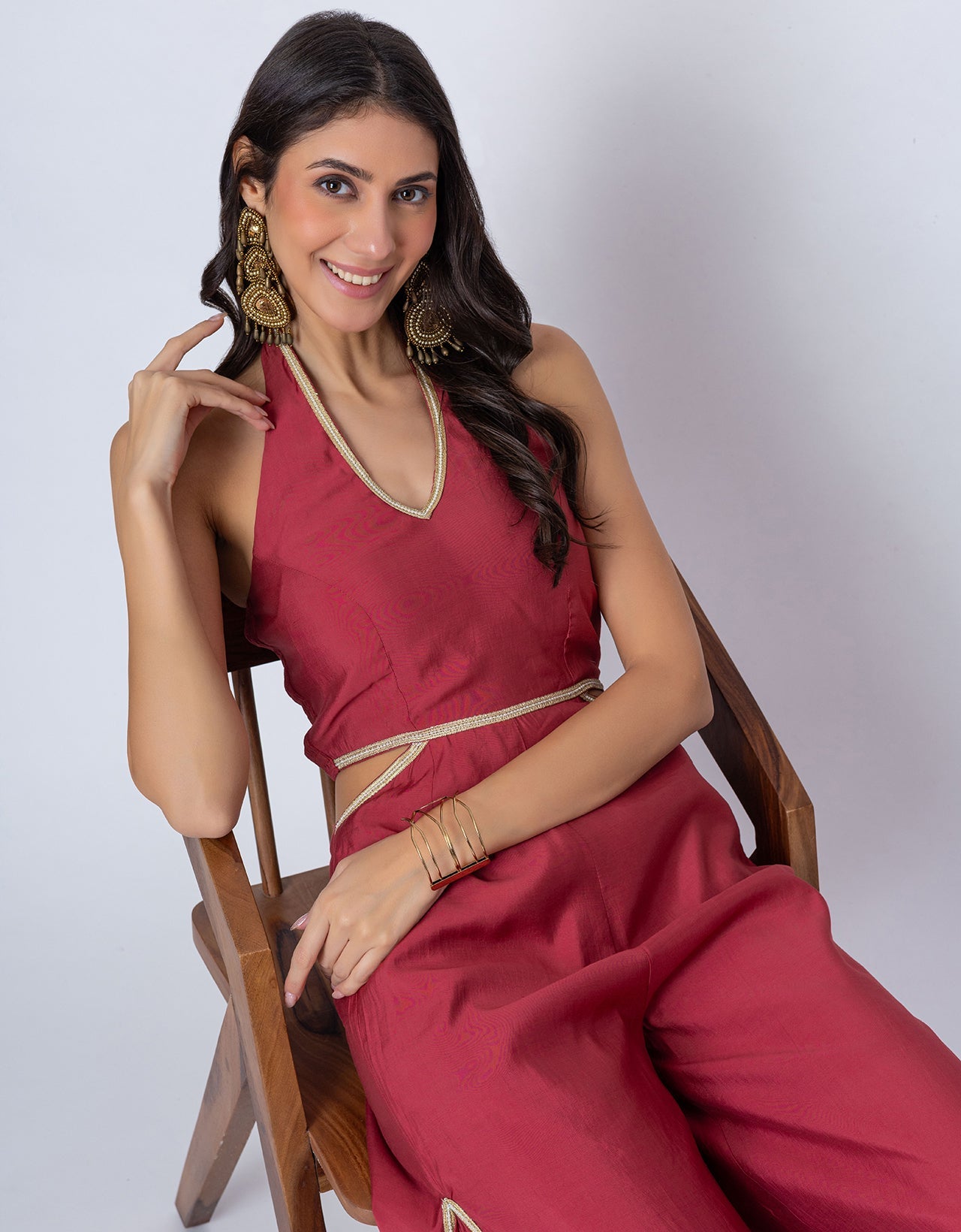 Solid Wide-Leg Jumpsuit Indo-Western Fusion Party Wear for Women