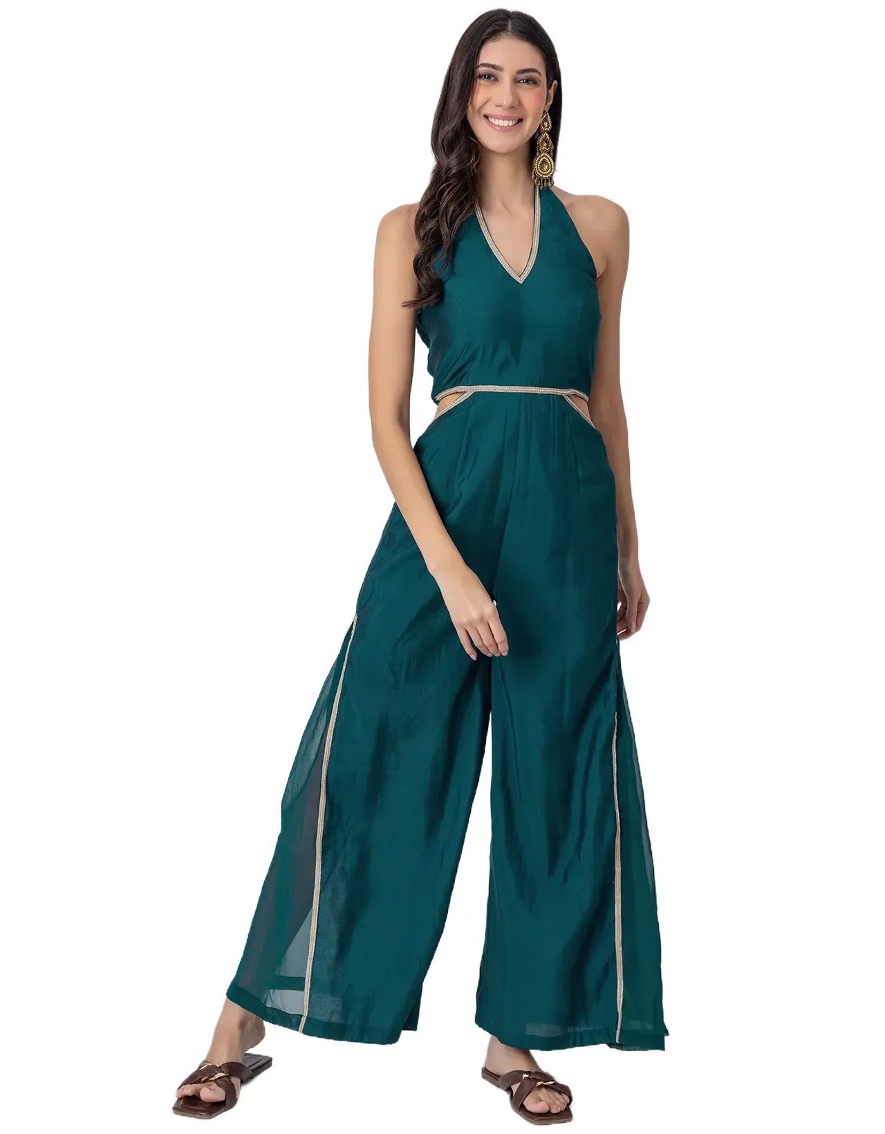 Solid Wide-Leg Jumpsuit Indo-Western Fusion Party Wear for Women